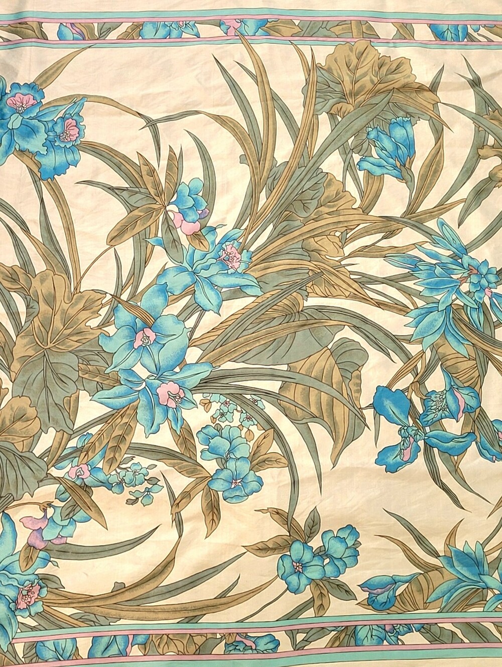 Vintage Thai Silk Blue Green Floral Silk Scarf - 33x35"